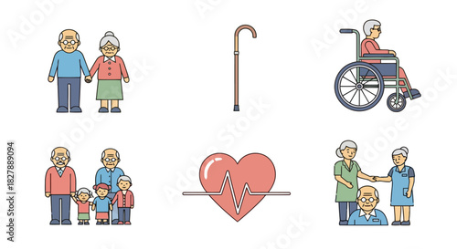 Set of color line icons representing senior citizen health, wellness, and retirement community life