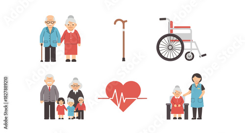 Set of color line icons representing senior citizen health, wellness, and retirement community life