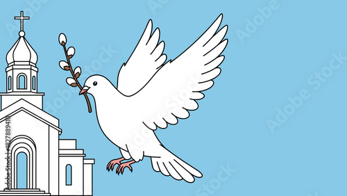 white dove with a blooming willow branch in its beak against a Christian church background with copy space