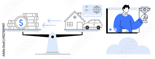 Scale balancing money and assets, highlighting choices between savings, home ownership, car purchase, and online achievements. Ideal for finance, digital economy, decision-making, wealth management