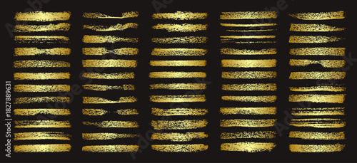 Golden brush strokes, lines, ink smudges, hand-drawn scribble shapes. Handmade sketchy marks, acrylic stains, charcoal streaks. Paint textures, dry brush effect. Marker underline. Vector illustration