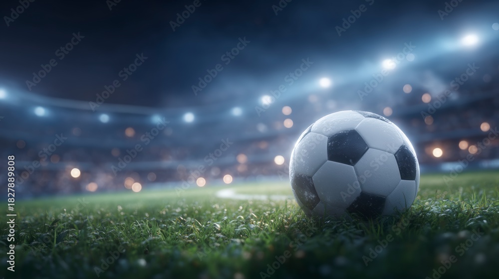 Naklejka premium A close up of a classic black and white soccer ball resting on wet grass under stadium floodlights at night