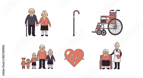 Set of color line icons representing senior citizen health, wellness, and retirement community life