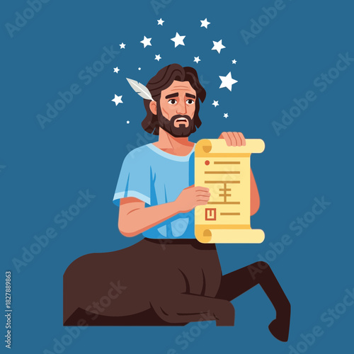 Centaur holding a scroll with a feather in hair and stars above.