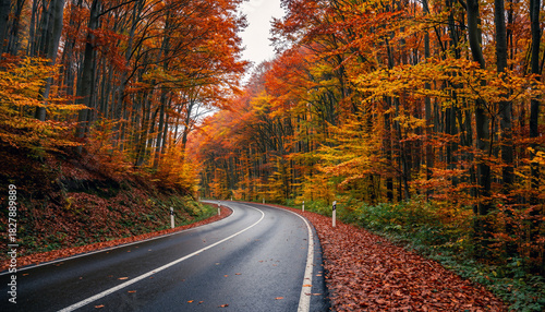 Autumn Forest Road with Fallen Leaves
