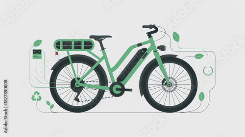 Green electric bicycle vector illustration sustainable transportation with battery charging eco-friendly vehicle