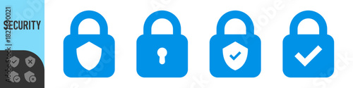 Lock shield check mark icon or security shield protection icon with padlock tick symbol. Color icon set