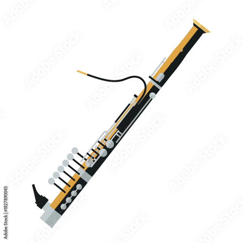 Bassoon musical instrument with keys and reed shown in full view.