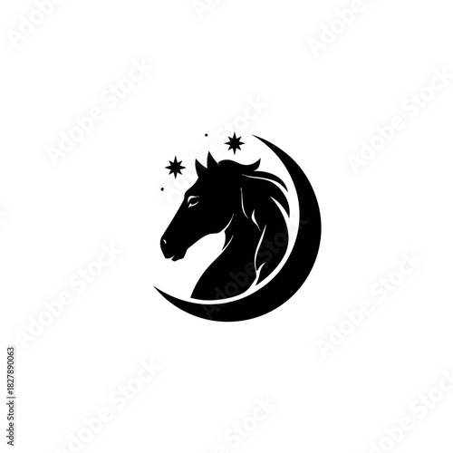 Silhouette of a horse head in a crescent moon with stars