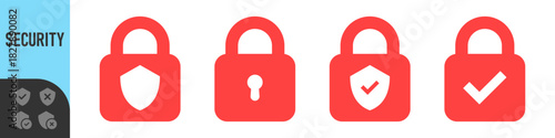 Lock shield check mark icon or security shield protection icon with padlock tick symbol. Color icon set