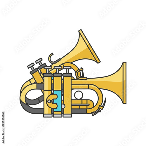 Two golden trumpets are stacked overlapping each other in a cartoon style.