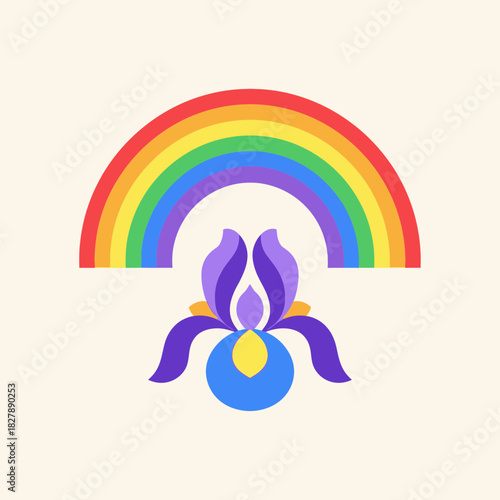 Stylized iris flower with a rainbow above it colorful illustration.