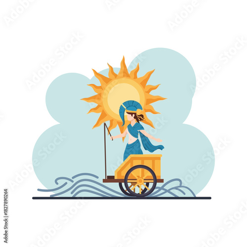 Person in chariot pulled by the sun across wavy lines.