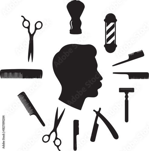 Barber shop tools and man's head silhouette collage on white Keywords: barber, hair, style, cut, shave, grooming, salon, man, male, head, profile, silhouette, scissors, on transparent background