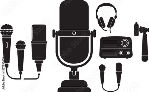 Group of Silhouetted Microphones Headphones and Audio Equipment vintage microphone modern microphone on transparent background
