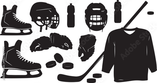 Hockey equipment silhouettes including skates helmet stick and pucks Keywords: hockey skates helmet stick pucks gloves jersey bottle sport equipment ice hockey game athlete on transparent background