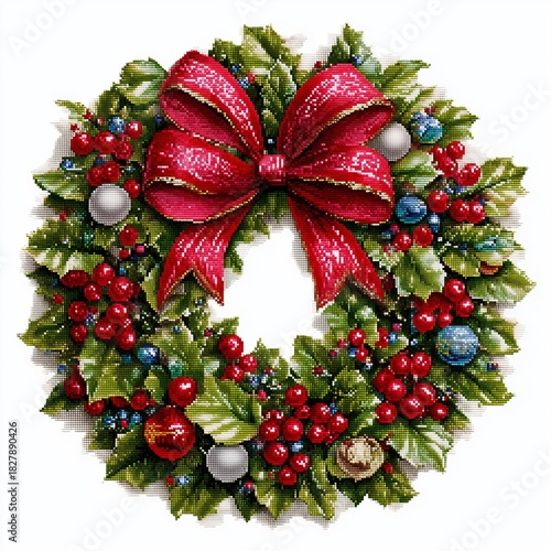 Festive pixel wreath Pixel Art Christmas Wreath with Red Ribbon ,Christmas Wreath Pixel Art with Holly Berries , Festive Pixel Art Christmas Wreath for Holiday Decoration, 8-bit festive wreath art
