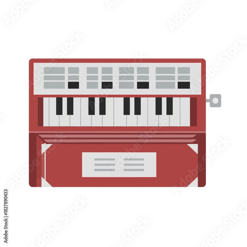 Red electronic keyboard with black and white keys and a foot pedal.