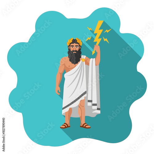 Zeus figure wearing toga and crown holding lightning bolt illustration.