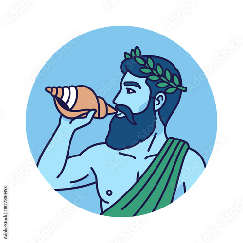 Man with laurel wreath blowing a seashell, wearing a toga.