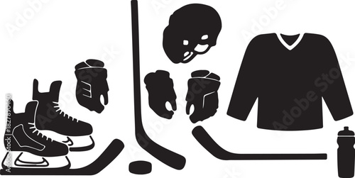 Ice Hockey Equipment Silhouette Collection on White Background Keywords: ice hockey, sport, equipment, gear, skates, stick, puck, helmet, gloves, jersey, water bottle, on transparent background