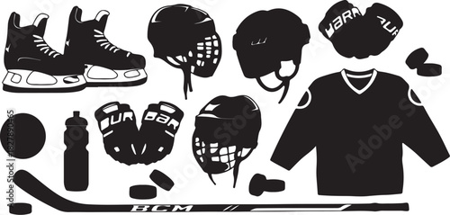 Hockey equipment silhouettes with stick pucks helmet skates gloves and jersey Keywords: hockey stick pucks helmet skates gloves jersey bottle ball sport equipment ice hockey on transparent background