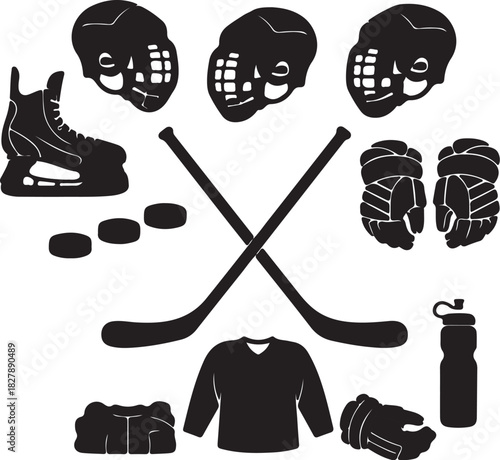 Ice Hockey Equipment Silhouette Collection With Skates Sticks And Pucks Keywords: ice hockey, skates, stick, puck, helmet, gloves, jersey, water bottle, sports, equipment, on transparent background
