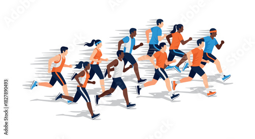 Diverse group of athletes running together in dynamic flat style
