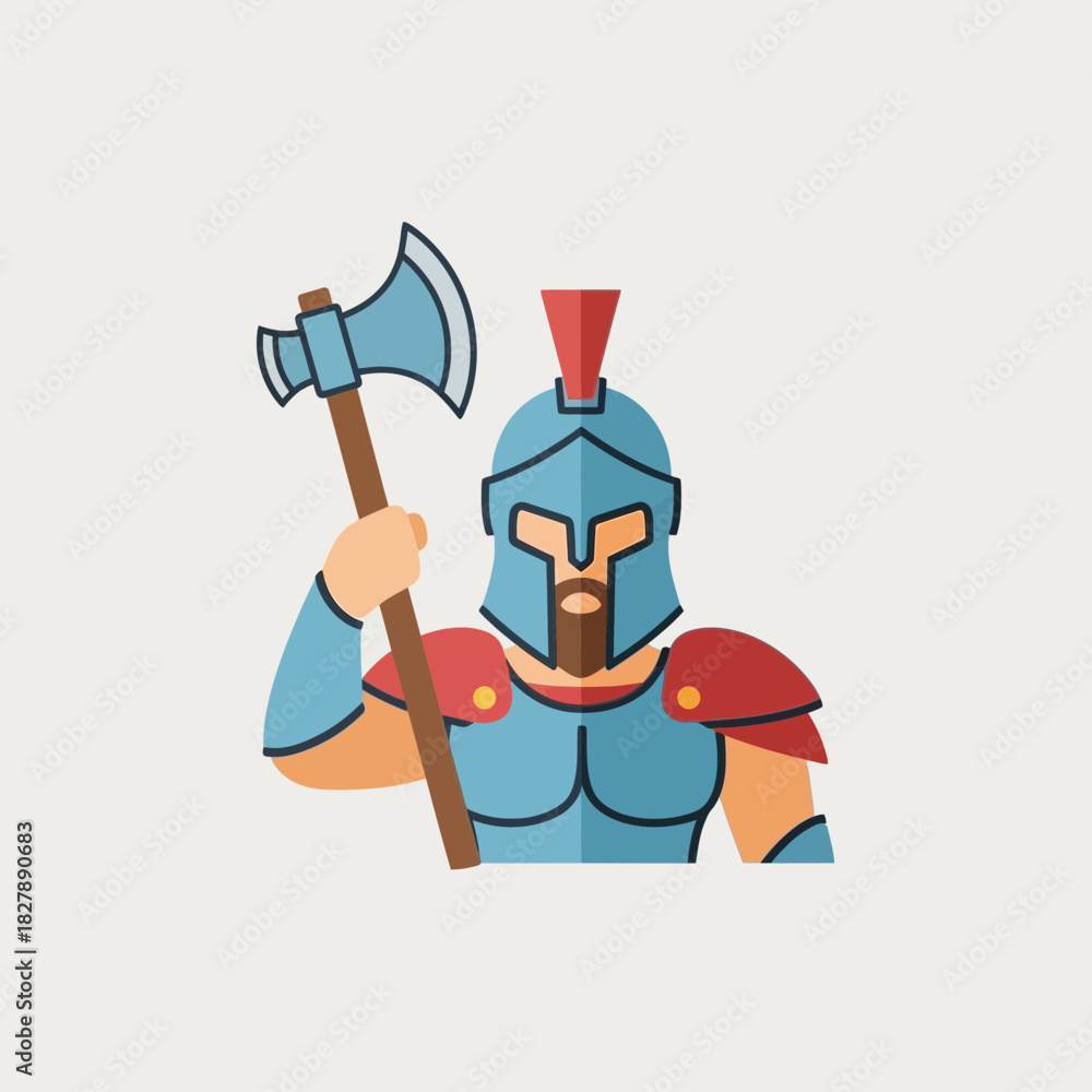 Obraz premium Cartoon warrior with helmet and shoulder armor holding an axe.