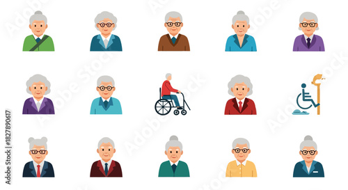 Set of color line icons representing senior citizen health, wellness, and retirement community life