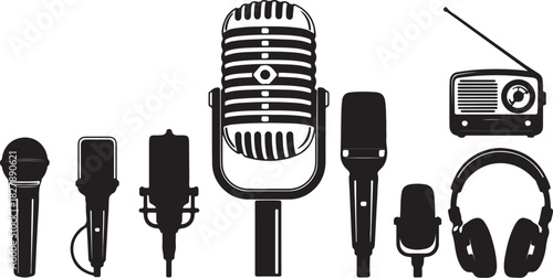Silhouette Collection of Microphones and a Vintage Radio with Headphones Keywords: microphone, radio, headphones, music, sound, audio, recording, broadcast, vintage, retro, on transparent background