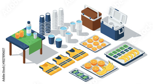 Isometric sports refreshment station with water, fruits and cold box