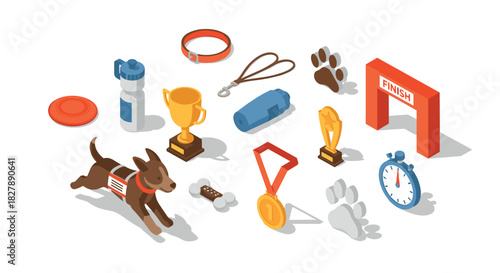 Isometric dog competition elements with trophies, medals, and training gear