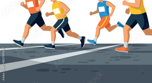 Group of runners competing in a marathon race on an urban street in flat style
