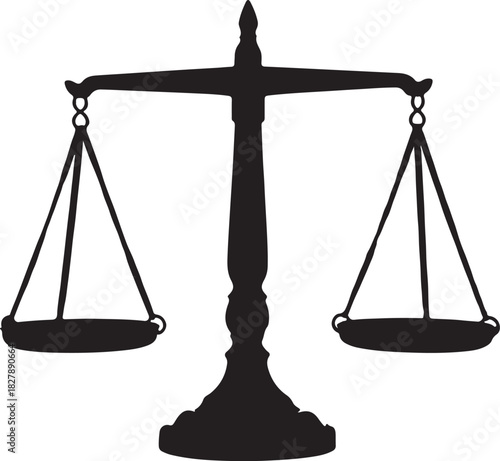 Silhouette of a vintage balance scale on a white background Keywords: balance scale, scales of justice, weighing, equilibrium, fairness, law, legal, justice, measurement, on transparent background