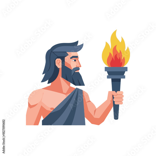 Bearded man in draped clothing holds a flaming torch.