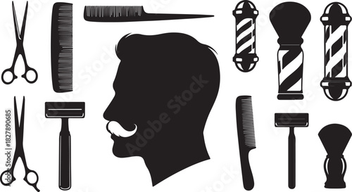Silhouette of a barber's tools and a man's profile with a mustache on a white background Keywords: barber, barber shop, haircut, shave, grooming, man, male, profile, on transparent background
