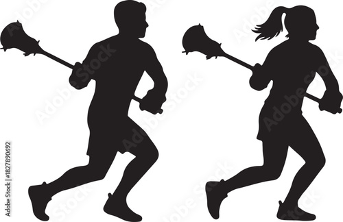 Silhouette of Male and Female Lacrosse Players Running with Sticks Keywords: lacrosse, player, sport, running, male, female, athlete, stick, team, game, action, silhouette, on transparent background
