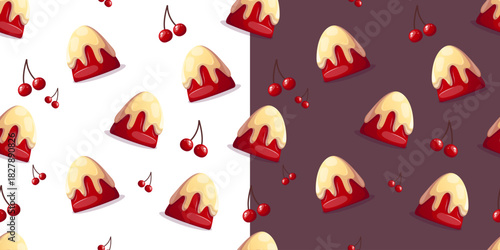 Cute seamless pattern with cherry topping dessert and cherries, great for packaging, bakery labels, wrapping paper, textile, stationery and festive branding