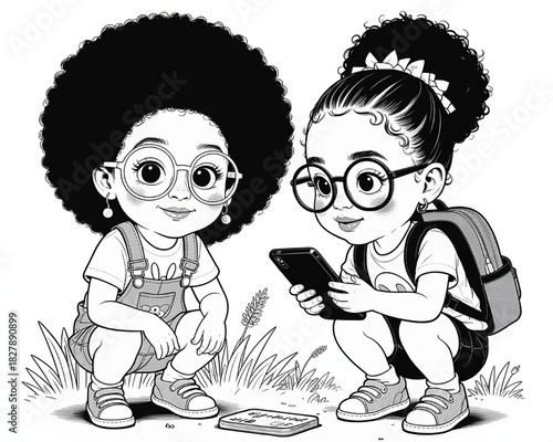 Two cute cartoon girls with afro hairstyles looking at a smartphone vector illustration for childrens books and educational materials isolated on white