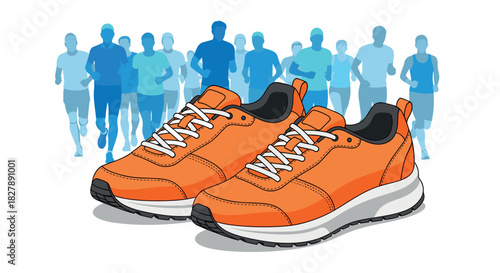 Vibrant orange running shoes with group of runners in background