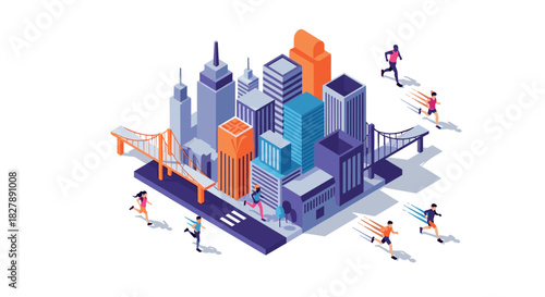 Urban running marathon in modern isometric cityscape with skyscrapers and bridges