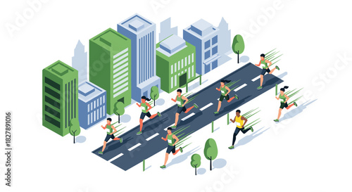 City marathon scene with runners in motion among urban skyscrapers in isometric style