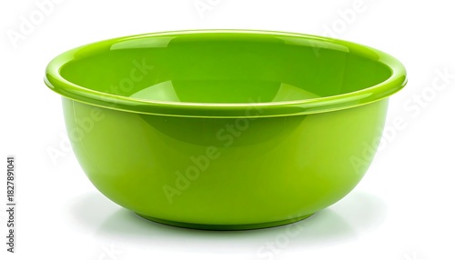 Bright green plastic bowl, empty, with a smooth rim, on a white background with its shadow