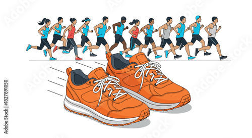 Colorful sneakers and a team of runners in motion