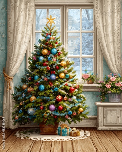 Christmas tree pixel art with pixel art Christmas tree with gifts in the cozy room, Christmas tree pixel art scene , Festive pixel art Christmas tree for holiday design 