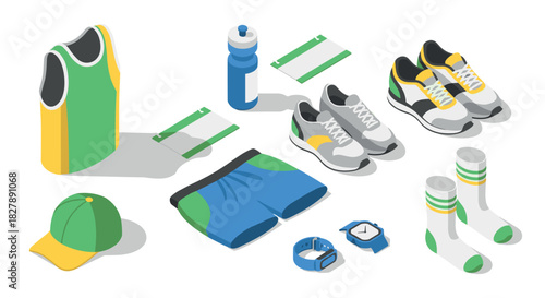 Isometric sports gear set with shoes, shirt, and accessories for outdoor activities
