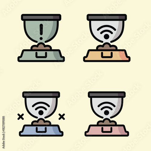 Smart Pet Feeder Icons Set – Automatic Pet Bowl Status, WiFi Feeding Alert, Sensor Warning & Pet Food Dispenser Vector