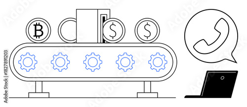 Automated conveyor producing cryptocurrency and dollar coins, phone icon linked to laptop. Ideal for fintech, blockchain, innovation, communication, automation, business finance. Simple flat