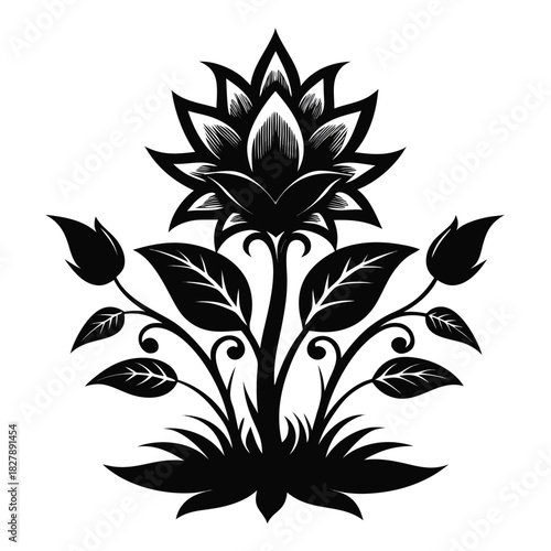 Fantasy Flora clean black silhouette design white background